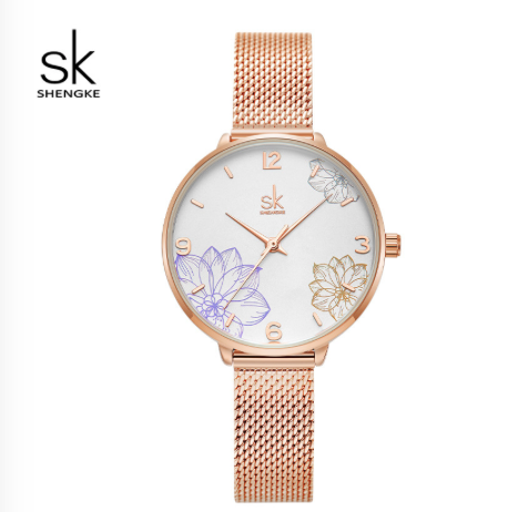 Montre Shengke en mesh or rose et cadran fleuri